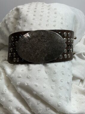 Brown Studded Noir Leather Cuff Bracelet with Engraved Silver Buckle